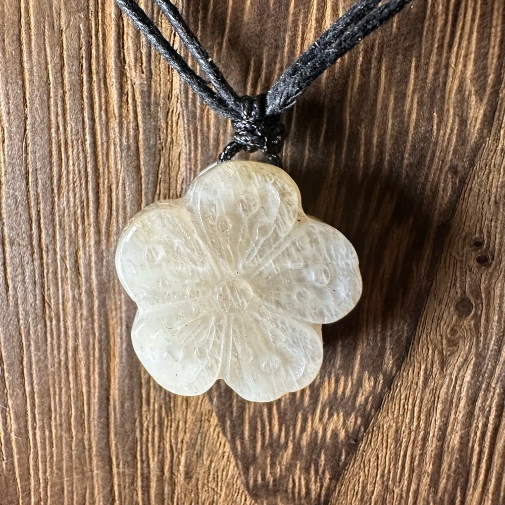Small Moonstone Flower Pendant Necklace on Black Rope, Subtle Blue Flash - Picture 12 of 15